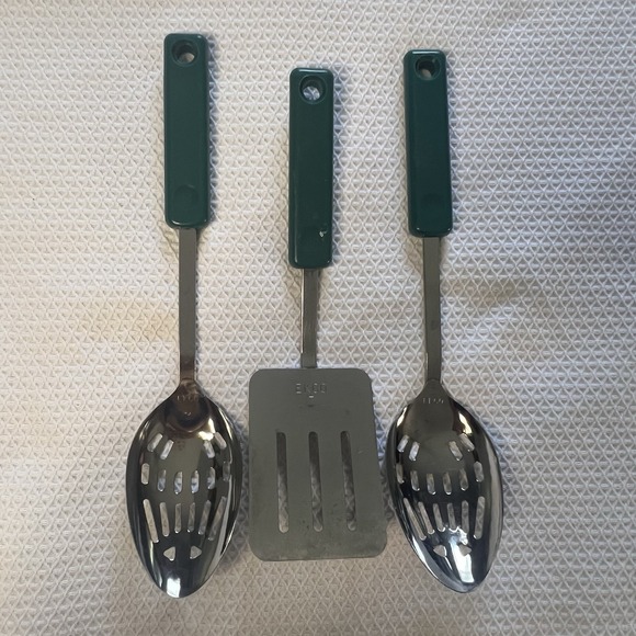 Vintage Ekco 3 Piece Utensil Stainless Steel Green Handles Slotted Spoon Spatula - Picture 2 of 14